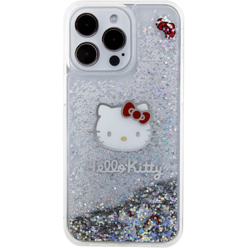 Coque iPhone 15 Pro Max - Hello Kitty gel rigide avec paillettes/glitters liquides - Transparent