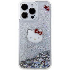 Coque iPhone 15 Pro - Hello Kitty gel rigide avec paillettes/glitters liquides - Transparent