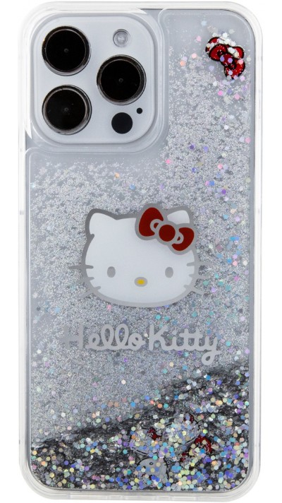 Coque iPhone 15 Pro - Hello Kitty gel rigide avec paillettes/glitters liquides - Transparent