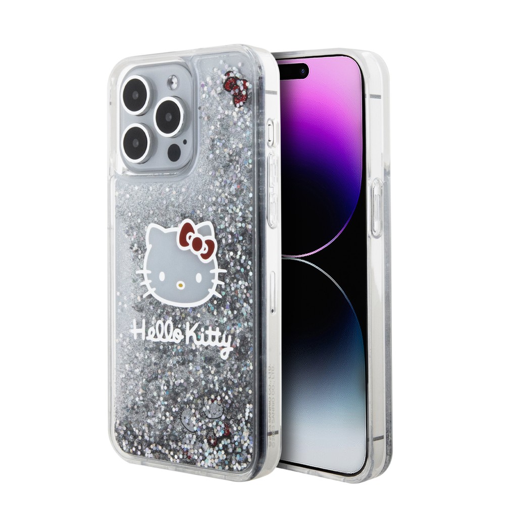 Coque iPhone 15 Pro Max - Hello Kitty gel rigide avec paillettes/glitters liquides - Transparent