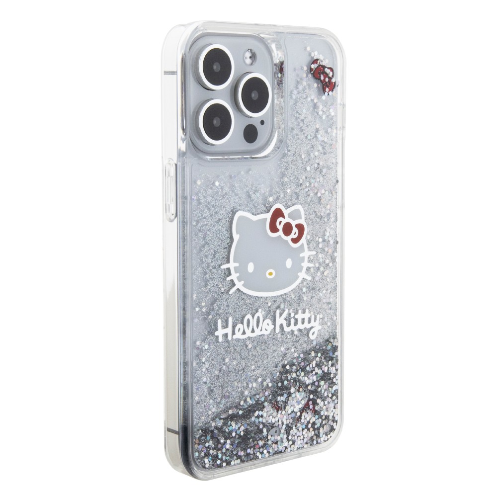 Coque iPhone 15 Pro Max - Hello Kitty gel rigide avec paillettes/glitters liquides - Transparent