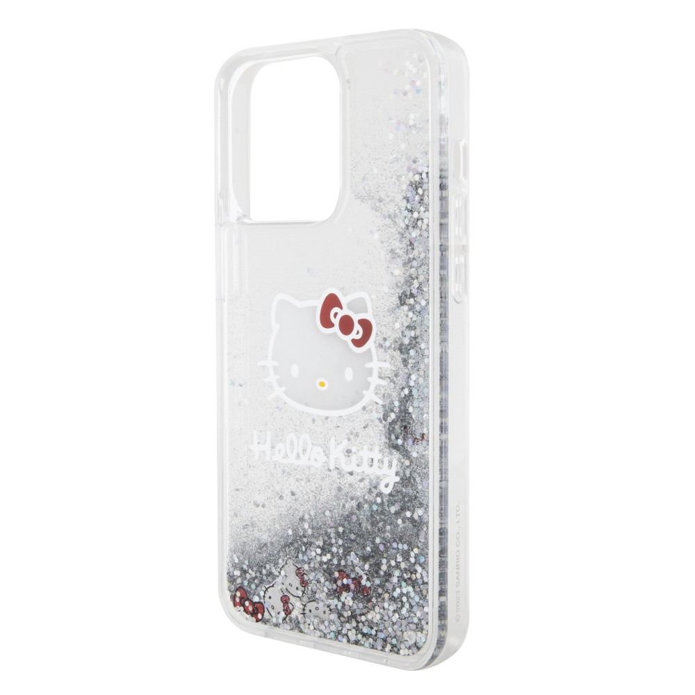 Coque iPhone 15 Pro - Hello Kitty gel rigide avec paillettes/glitters liquides - Transparent