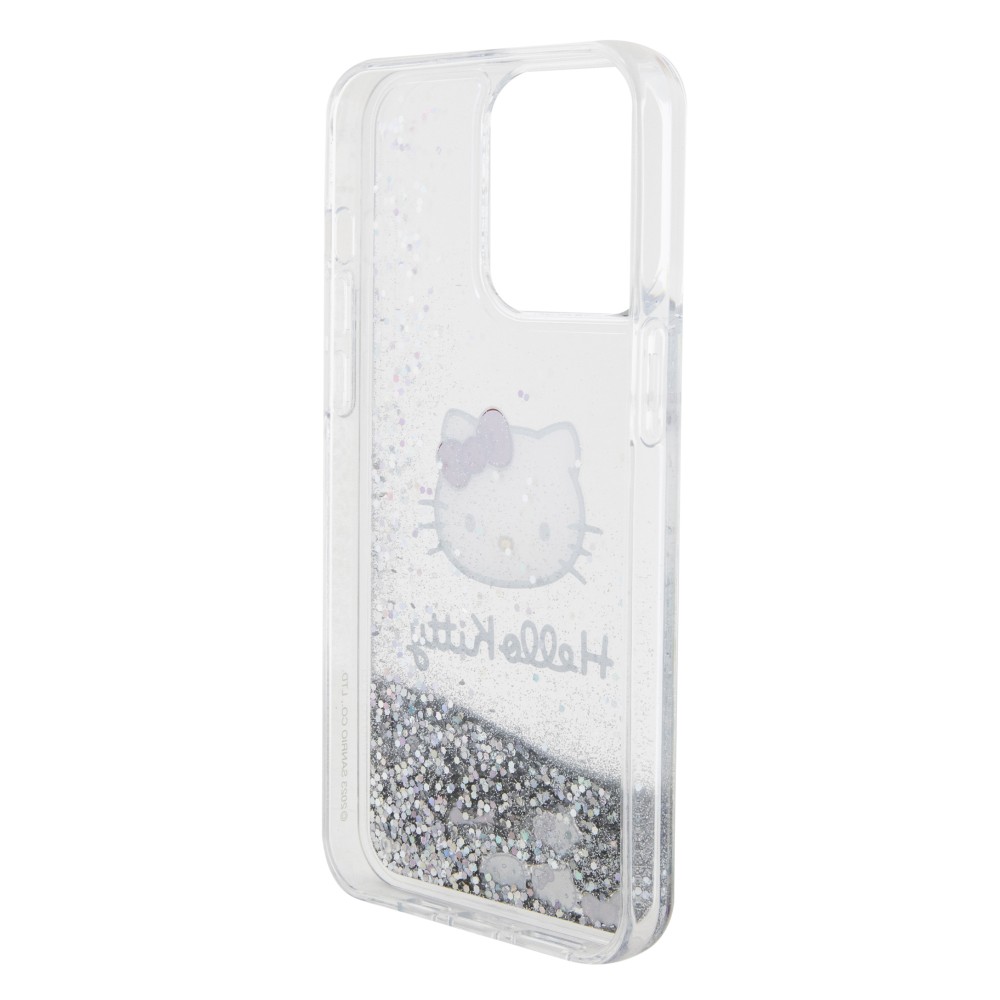 Coque iPhone 15 Pro Max - Hello Kitty gel rigide avec paillettes/glitters liquides - Transparent