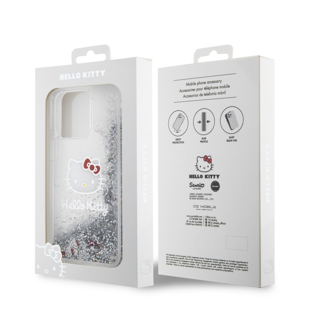 Coque iPhone 15 Pro Max - Hello Kitty gel rigide avec paillettes/glitters liquides - Transparent