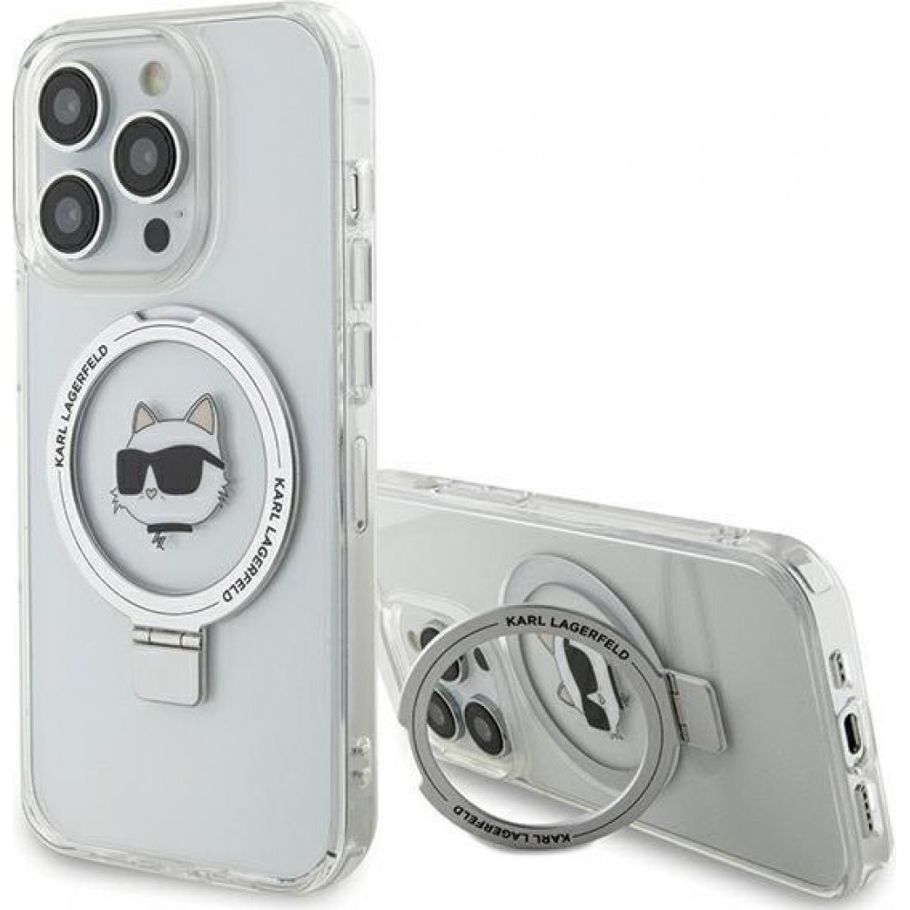 Coque iPhone 15 Pro Max - Karl Lagerfeld Choupette gel rigide avec anneau support MagSafe argenté - Transparent