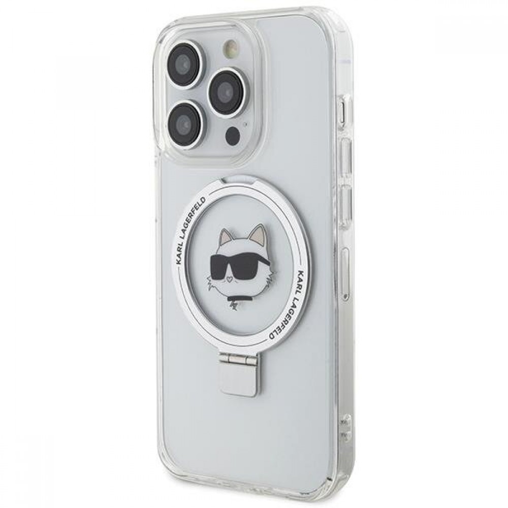 Coque iPhone 15 Pro Max - Karl Lagerfeld Choupette gel rigide avec anneau support MagSafe argenté - Transparent