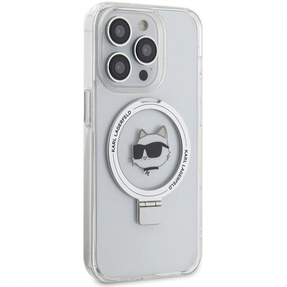 Coque iPhone 15 Pro Max - Karl Lagerfeld Choupette gel rigide avec anneau support MagSafe argenté - Transparent