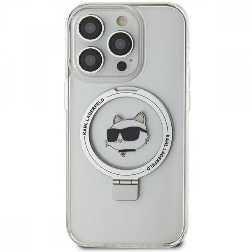 Coque iPhone 15 Pro Max - Karl Lagerfeld Choupette gel rigide avec anneau support MagSafe argenté - Transparent