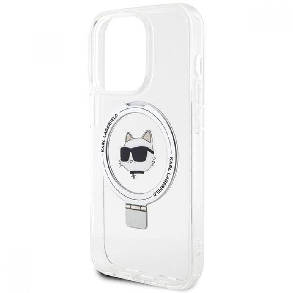Coque iPhone 15 Pro Max - Karl Lagerfeld Choupette gel rigide avec anneau support MagSafe argenté - Transparent