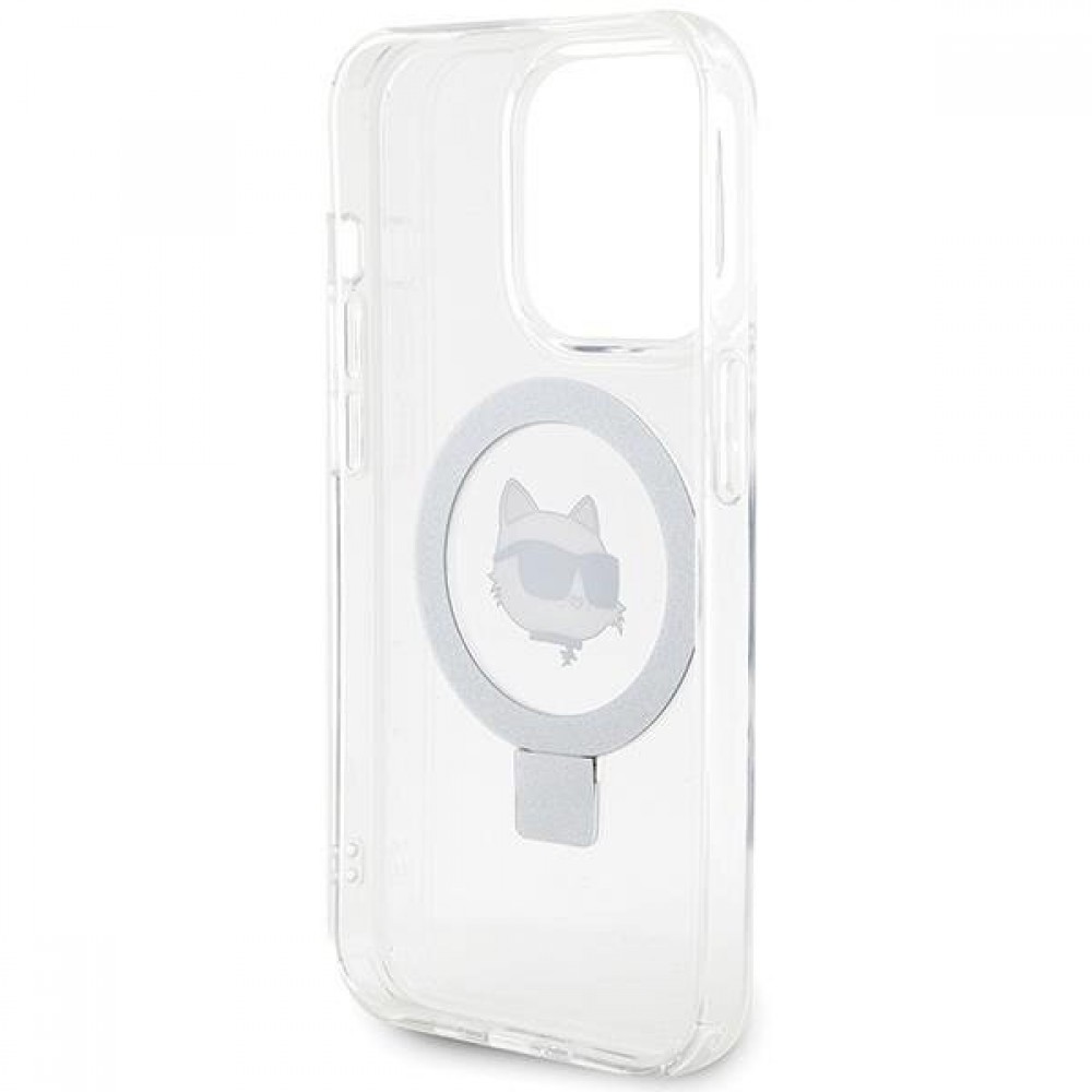 Coque iPhone 15 Pro Max - Karl Lagerfeld Choupette gel rigide avec anneau support MagSafe argenté - Transparent