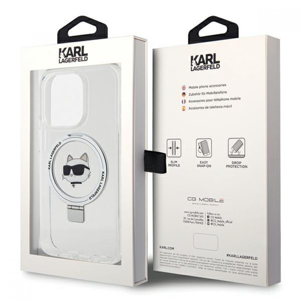 Coque iPhone 15 Pro Max - Karl Lagerfeld Choupette gel rigide avec anneau support MagSafe argenté - Transparent