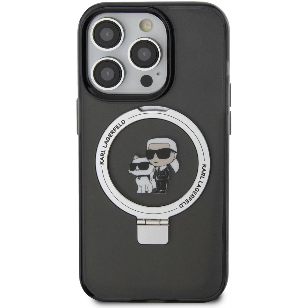 Coque iPhone 15 Pro Max - Karl Lagerfeld et Choupette gel laqué avec anneau métallique de support amovible intégré et Magsafe - Gris