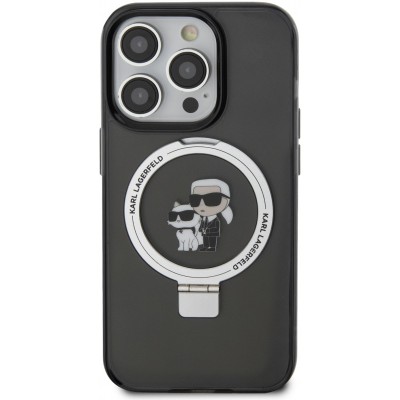 Coque iPhone 15 Pro - Karl Lagerfeld et Choupette gel laqué avec anneau métallique de support amovible intégré et Magsafe - Gris