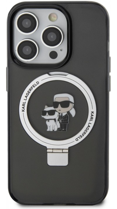 Coque iPhone 15 Pro Max - Karl Lagerfeld et Choupette gel laqué avec anneau métallique de support amovible intégré et Magsafe - Gris