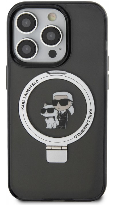 Coque iPhone 15 Pro - Karl Lagerfeld et Choupette gel laqué avec anneau métallique de support amovible intégré et Magsafe - Gris