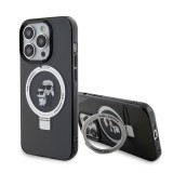 Coque iPhone 15 Pro Max - Karl Lagerfeld et Choupette gel laqué avec anneau métallique de support amovible intégré et Magsafe - Gris