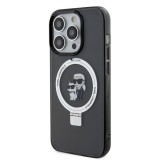 Coque iPhone 15 Pro Max - Karl Lagerfeld et Choupette gel laqué avec anneau métallique de support amovible intégré et Magsafe - Gris