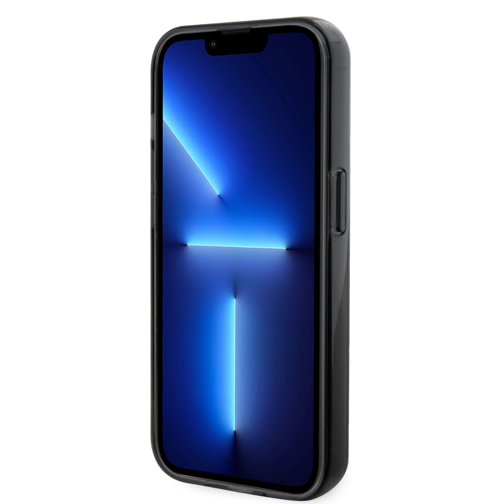 Coque iPhone 15 Pro - Karl Lagerfeld et Choupette gel laqué avec anneau métallique de support amovible intégré et Magsafe - Gris