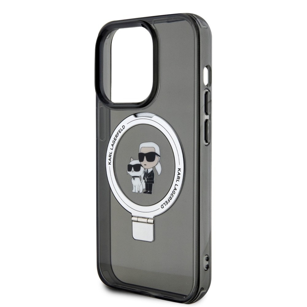 Coque iPhone 15 Pro Max - Karl Lagerfeld et Choupette gel laqué avec anneau métallique de support amovible intégré et Magsafe - Gris