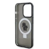 Coque iPhone 15 Pro Max - Karl Lagerfeld et Choupette gel laqué avec anneau métallique de support amovible intégré et Magsafe - Gris