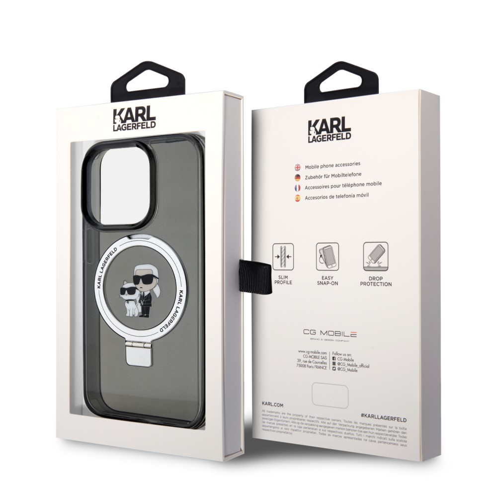 Coque iPhone 15 Pro Max - Karl Lagerfeld et Choupette gel laqué avec anneau métallique de support amovible intégré et Magsafe - Gris