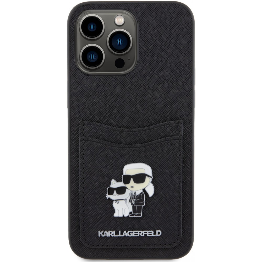 Coque iPhone 15 Pro - Karl Lagerfeld et Choupette similicuir saffiano avec portes-carte intégré et logo métallique en relief - Noir