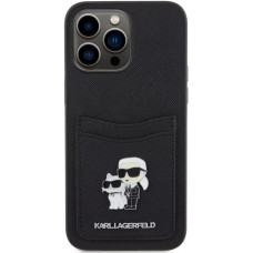 Coque iPhone 15 Pro - Karl Lagerfeld et Choupette similicuir saffiano avec portes-carte intégré et logo métallique en relief - Noir