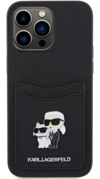 Coque iPhone 15 Pro Max - Karl Lagerfeld et Choupette similicuir saffiano avec portes-carte intégré et logo métallique en relief - Noir