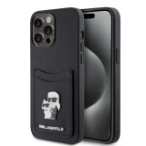 Coque iPhone 15 Pro - Karl Lagerfeld et Choupette similicuir saffiano avec portes-carte intégré et logo métallique en relief - Noir