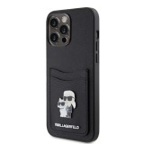 Coque iPhone 15 Pro - Karl Lagerfeld et Choupette similicuir saffiano avec portes-carte intégré et logo métallique en relief - Noir