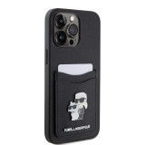 Coque iPhone 15 Pro - Karl Lagerfeld et Choupette similicuir saffiano avec portes-carte intégré et logo métallique en relief - Noir