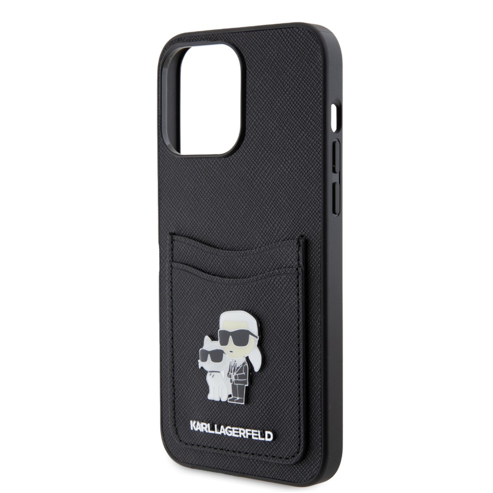 Coque iPhone 15 Pro - Karl Lagerfeld et Choupette similicuir saffiano avec portes-carte intégré et logo métallique en relief - Noir