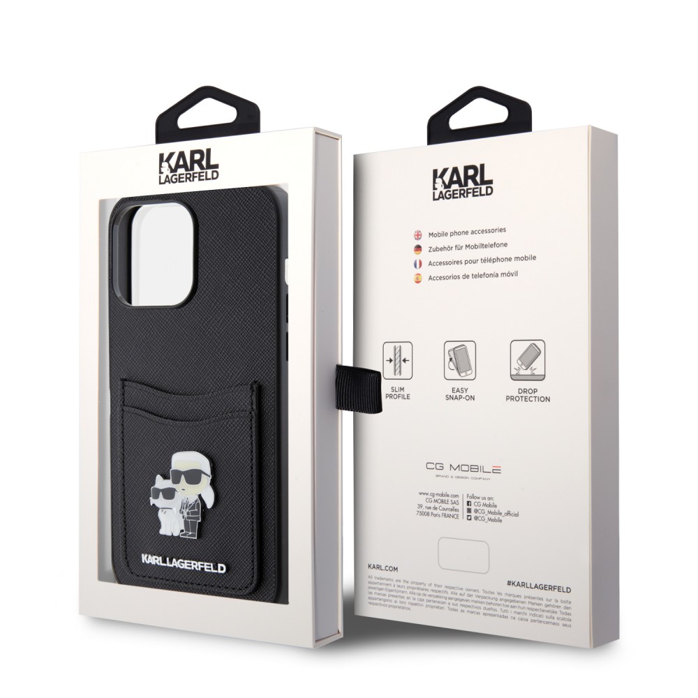 Coque iPhone 15 Pro - Karl Lagerfeld et Choupette similicuir saffiano avec portes-carte intégré et logo métallique en relief - Noir