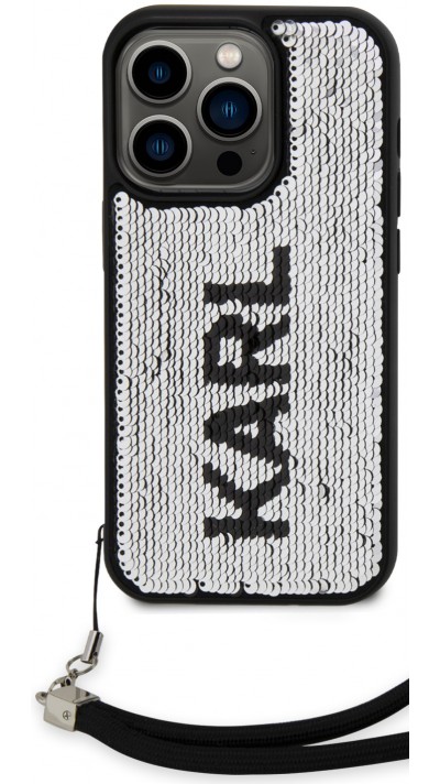Coque iPhone 15 Pro - Karl Lagerfeld paillettes glitters réversibles bicolore avec lanière poignet amovible - Noir / Argent