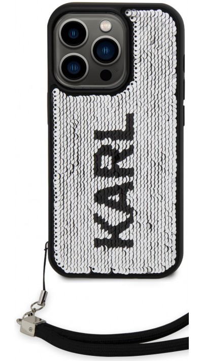 iPhone 15 Pro Max Case Hülle - Karl Lagerfeld Pailletten Glitters reversible zweifarbig mit abnehmbarem Handgelenk Riemen - Schwarz / Silber