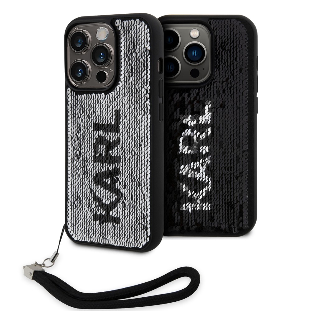 Coque iPhone 15 Pro Max - Karl Lagerfeld paillettes glitters réversibles bicolore avec lanière poignet amovible - Noir / Argent