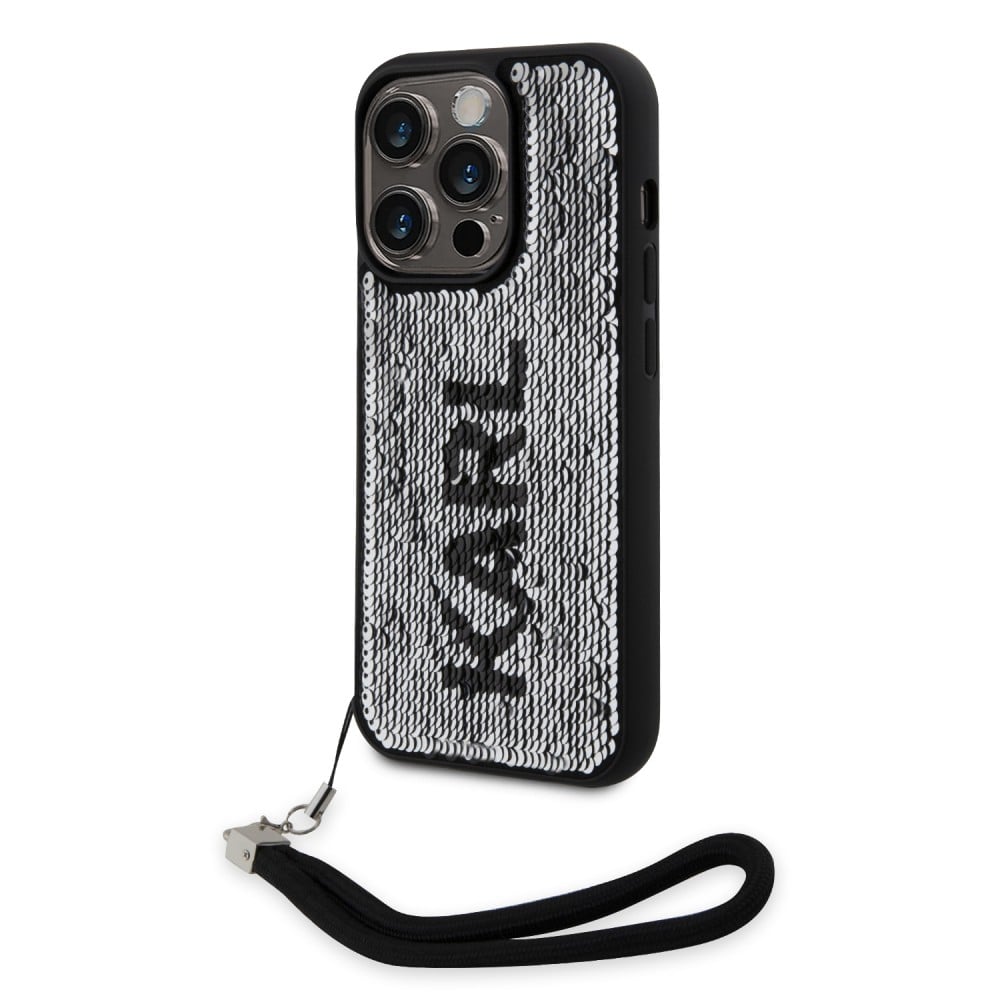 iPhone 15 Pro Max Case Hülle - Karl Lagerfeld Pailletten Glitters reversible zweifarbig mit abnehmbarem Handgelenk Riemen - Schwarz / Silber