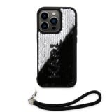 Coque iPhone 15 Pro - Karl Lagerfeld paillettes glitters réversibles bicolore avec lanière poignet amovible - Noir / Argent