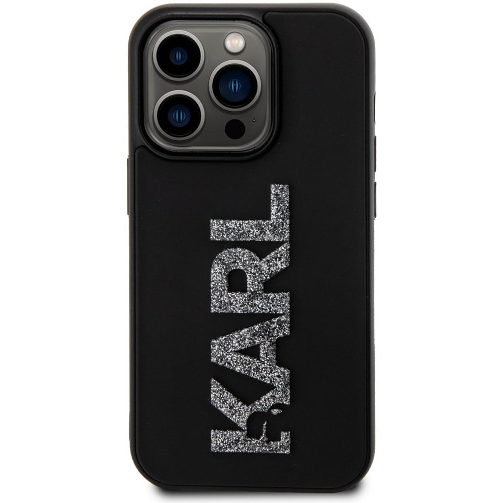 Coque iPhone 15 Pro - Karl Lagerfeld silicone mat avec logo 3D pailleté - Noir