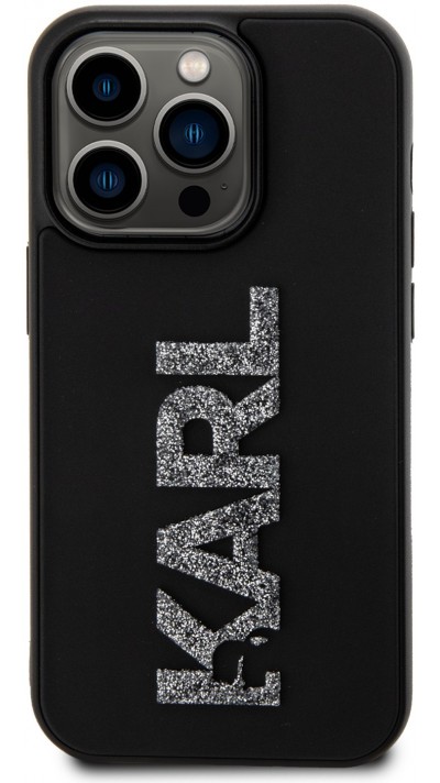 Coque iPhone 15 Pro Max - Karl Lagerfeld silicone mat avec logo 3D pailleté - Noir