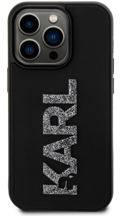 Coque iPhone 15 Pro - Karl Lagerfeld silicone mat avec logo 3D pailleté - Noir