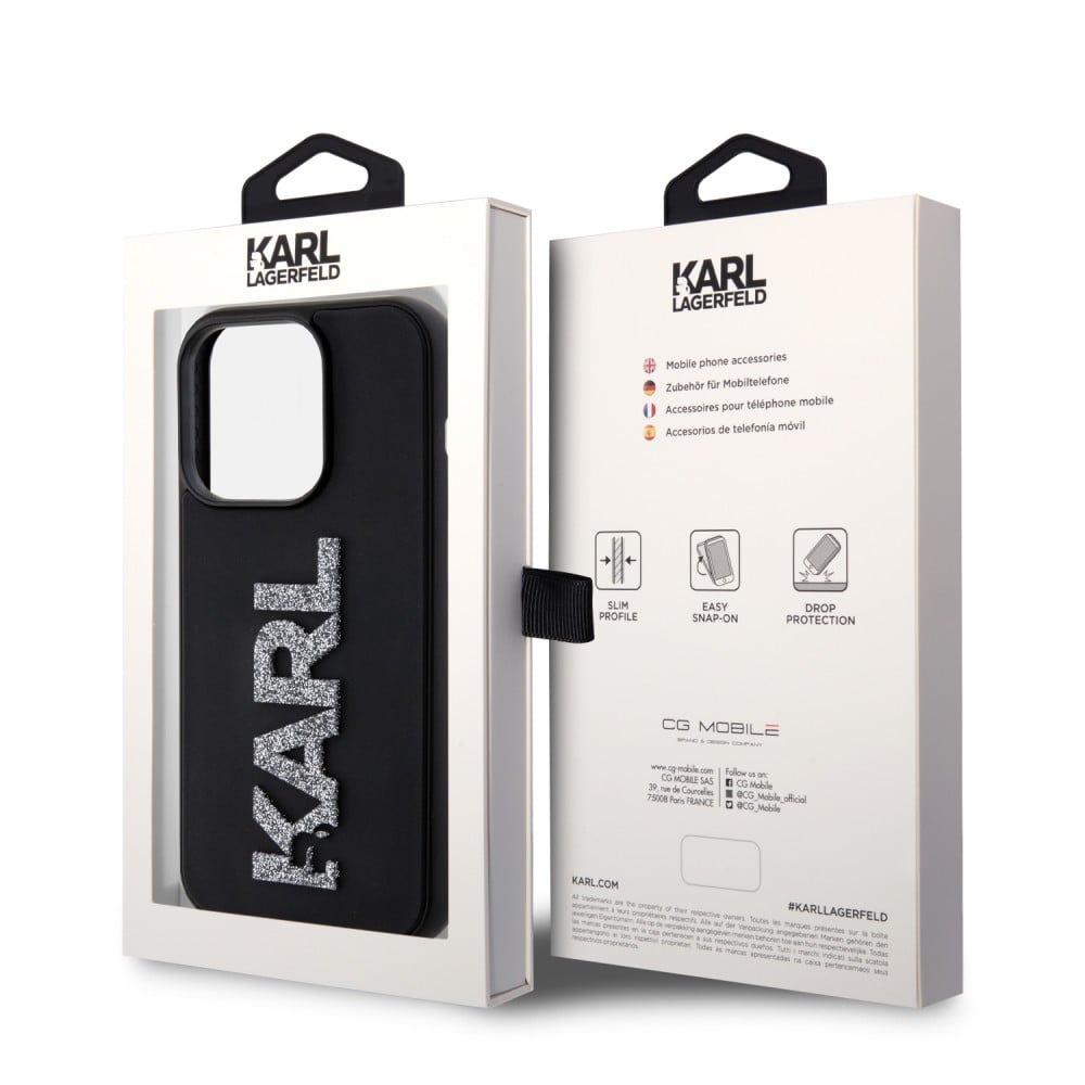 Coque iPhone 15 Pro - Karl Lagerfeld silicone mat avec logo 3D pailleté - Noir