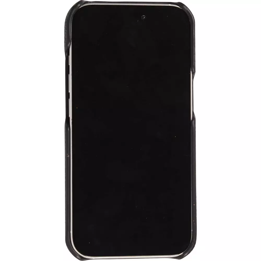 Coque iPhone 15 Pro Max - Personnalisée cuir sur mesure avec lettrage argent + lanière et compartiment carte - Noir