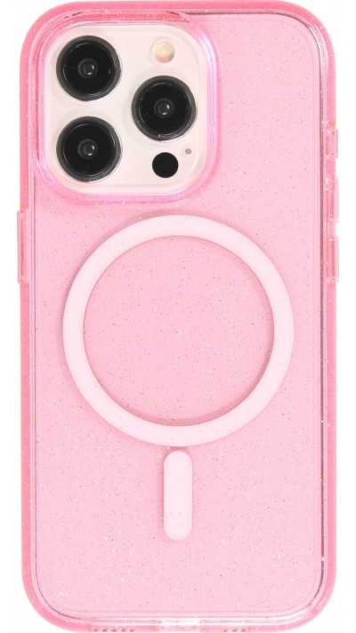 Coque iPhone 15 Pro Max - Silicone rigide avec dos paillettes et MagSafe - Rose