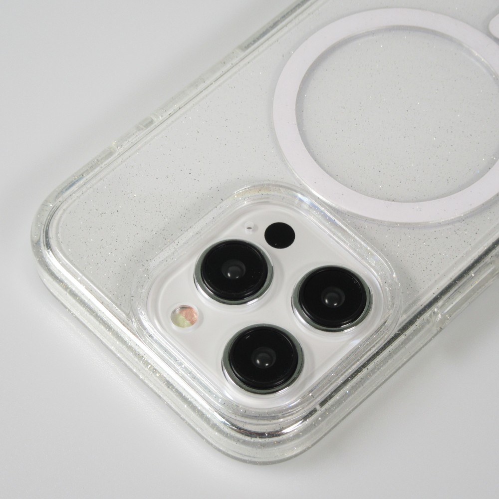 Coque iPhone 15 Pro Max - Silicone rigide avec dos paillettes et MagSafe - Transparent