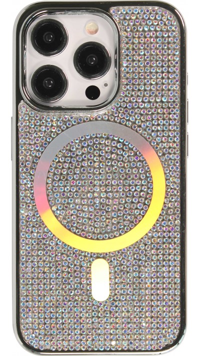 Coque iPhone 15 Pro Max - Silicone rigide pailleté avec gemmes MagSafe - Argent