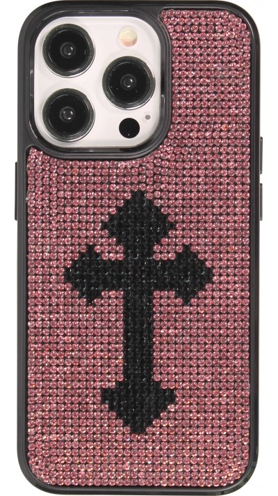Coque iPhone 15 Pro Max - Silicone souple pailleté avec gemmes Gothic Cross - Violet