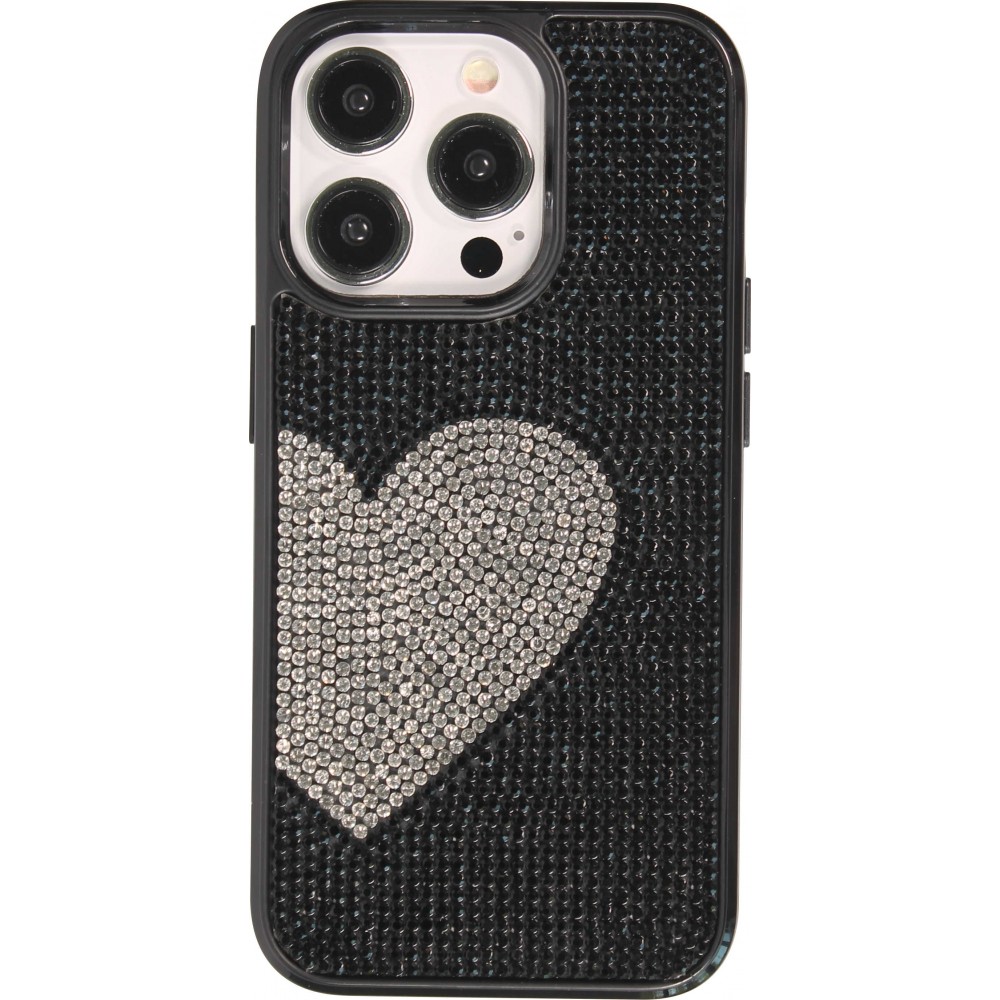 iPhone 15 Pro Max Case H&uuml;lle - Silikon weich mit glitzernden Edelsteinen White Heart - Schwarz