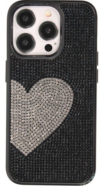 Coque iPhone 15 Pro Max - Silicone souple pailleté avec gemmes White Heart - Noir
