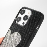 iPhone 15 Pro Max Case H&uuml;lle - Silikon weich mit glitzernden Edelsteinen White Heart - Schwarz